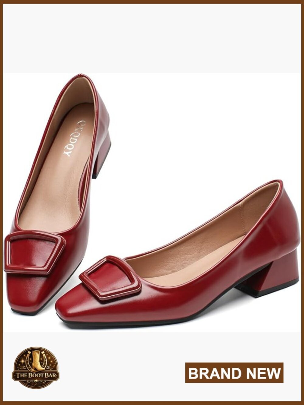 Women's Low Chunky Block Heel Square Toe Leather Pumps Slip On Dress Shoes